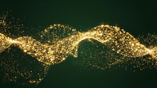 Glowing gold particles flowing in a wavy pattern on a dark background, possibly used for a luxury or celebration visual effect