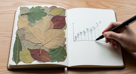 Artful Notebook with Dried Leaves and Hand Drawing Chart on Wood Background