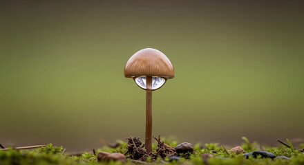 Delicate Mushroom with Water Droplet on Cap Surrounded by Soft Green Background
