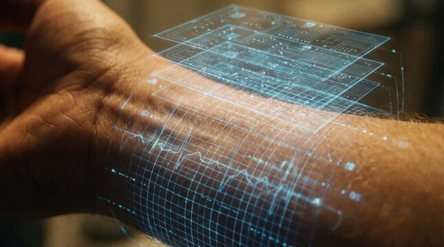 Futuristic holographic wrist interface concept. Multi-layer digital data display glowing on human skin. Smart wearable technology, health monitoring scan, and biometric identity