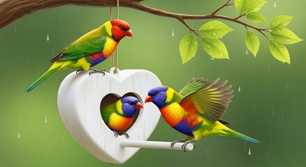 Valentine's day love birds perched on heart shaped birdhouse in lush green background