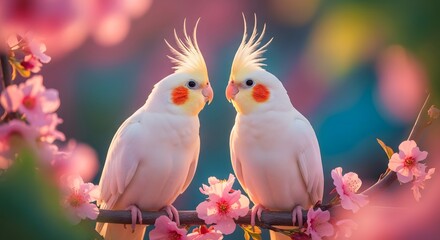 Valentine's day love birds perched on blossoming branch with pink flowers romantic cockatiel couple in love on st valentine's day background