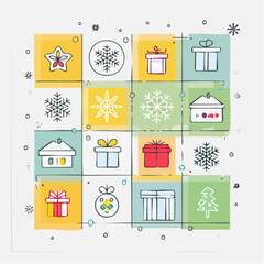 Vector Christmas icons set, cute flat style, snowflakes, ornaments, gifts, clean outlines