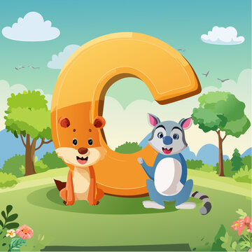 Vector C alphabet series with animals, each letter integrated with a cute animal, bright kid