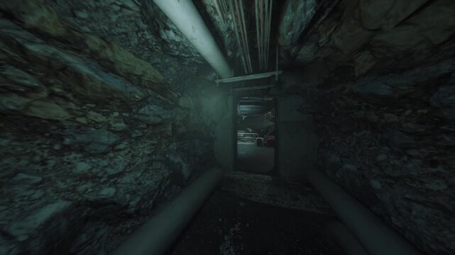 dim cave opening reveals control room with flickering monitors and tangled wiring, damp rock framing doorway, weathered panels and humming generator, shadowed