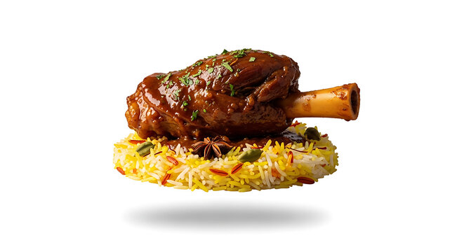 A succulent lamb shank braised in a rich, savory sauce, served atop a bed of fluffy, saffron-infused rice, garnished with fresh herbs