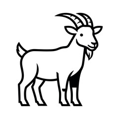 Fototapeta premium Black and white line art vector of a goat with curved horns. Clean outline illustration suitable for coloring or logo design.