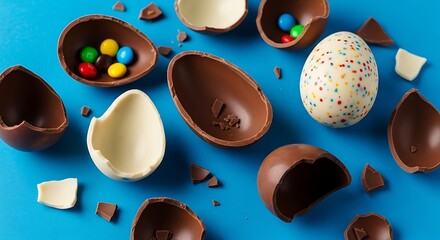 Broken Chocolate Easter Eggs with Sprinkles and Candy.
