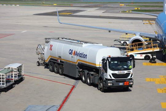 VENICE, ITALY - MAY 22, 2023: Aircraft refueling truck at Venice Marco Polo Airport in Italy. It is a major international airport serving Venice.