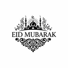 Elegant Eid Mubarak Calligraphy with Mosque Silhouette