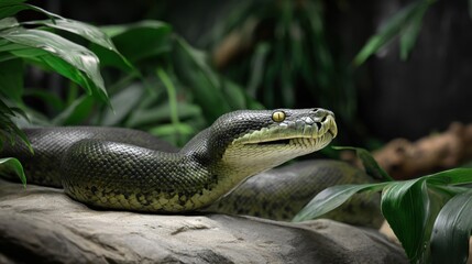 Obraz premium Green Snake Relaxing on Rock Surrounded by Lush Tropical Foliage