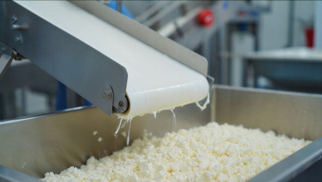Curds are being processed in a dairy factory, showcasing the cheese-making process. Fresh cheese production.