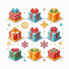 Vector Christmas icons set, cute flat style, snowflakes, ornaments, gifts, clean outlines