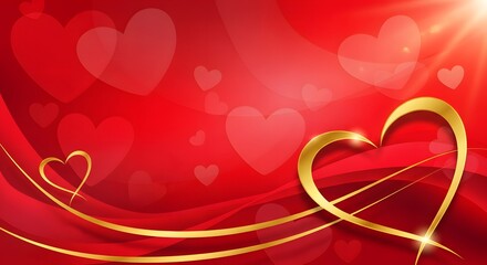 Valentine's day love bird background with golden hearts on red