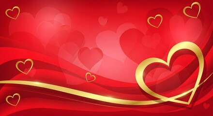 Valentine's day love bird background with hearts and golden ribbon on red fabric