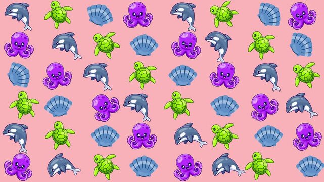 Repeating illustrations of octopus, dolphin, turtle, and seashell pattern perfect for childrens books, beachthemed designs, and marinerelated projects.