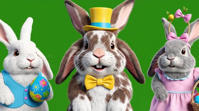 Three cheerful Easter bunnies, one in a hat, one with an egg, and one with a basket, against a vibrant green background.