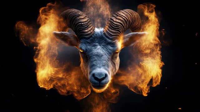Front view ram head with curling horns as fiery smoke ring expands and flares on black background