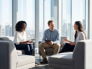 Fototapeta premium Successful diverse business team having meeting in modern light office