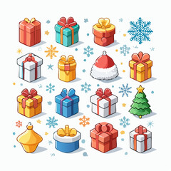 Vector Christmas icons set, cute flat style, snowflakes, ornaments, gifts, clean outlines