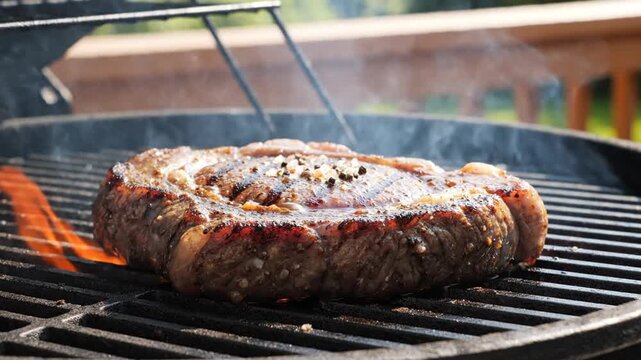 Grilled steak on a round grill, outdoor cooking on a deck with a wooden railing and greenery in the background, flames and smoke