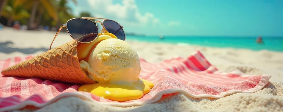 A melting ice cream cone drips down a sun-baked beach towel, sunglasses perched precariously on top The epitome of a hilariously hot summer day , summer heat, beach