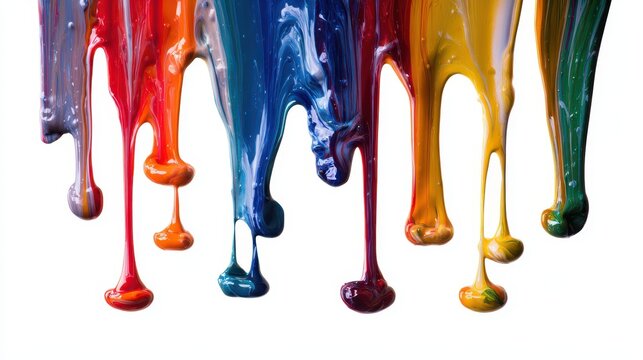 Colorful paint drips on white background, abstract liquid art with rainbow hues