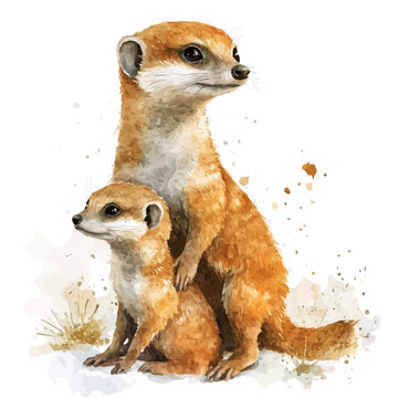 A Mother Mongoose With Her Kid, vibrant watercolor vector illustration with flowing and detailed brush strokes, isolated on a white background.