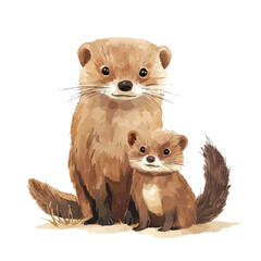 watercolor of A Mother Mink With Her Kid graphic, isolated on a white background. © soltrex