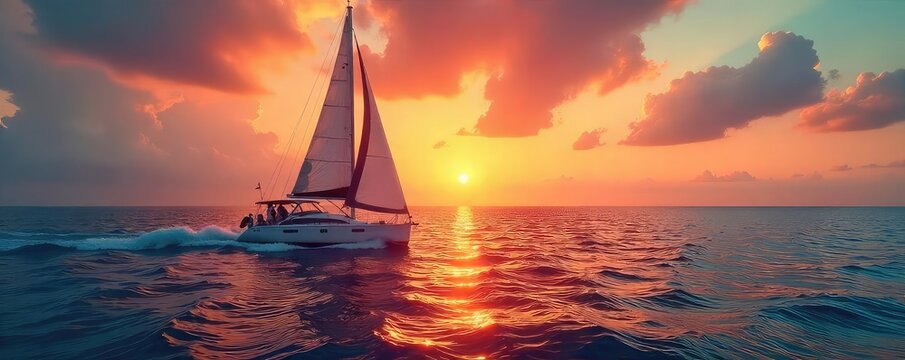 A sleek sailboat glides effortlessly across a tranquil ocean under a vibrant sunset, capturing the essence of serene beauty and nautical adventure , summer, water, vista