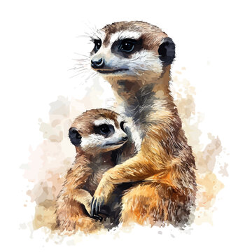 A Mother Meerkat With Her Kid, vibrant watercolor vector illustration with flowing and detailed brush strokes, isolated on a white background.