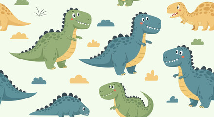 Obraz premium Playful dinosaur themed seamless pattern design featuring colorful cartoon dinosaurs and cloud