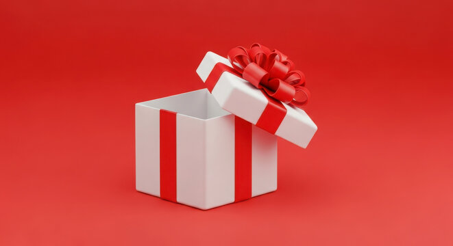 Gift box with red ribbon and bow on red background for christmas