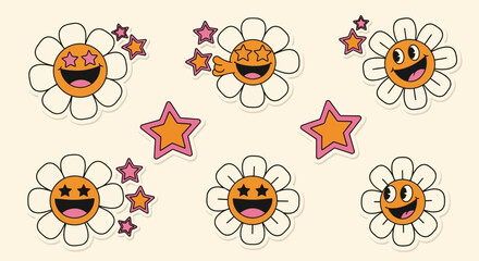 Fototapeta premium Retro groovy seamless pattern featuring daisy flowers with happy faces and stars