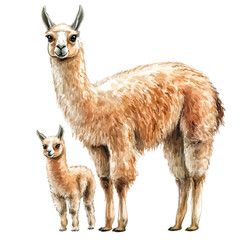 Obraz premium A Mother Llama With Her Kid, delicate watercolor illustration vector with soft and elegant colors, isolated on a white background.