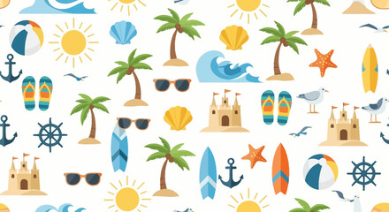 Obraz premium Vibrant Summer Beach Pattern with Tropical Elements and Sea Icons for Backgrounds and Designs