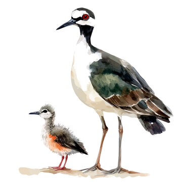 A Mother Lapwing With Her Kid, high quality watercolor illustration with transparent textures, isolated on a white background.