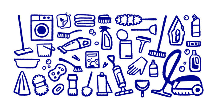 Doodle icons of housework set. Cleaning equipment and housekeeping tools for washing house. Vacuum cleaner, bottles of detergent, mop, and brushes. Outline isolated vector illustrations on white
