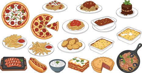 Italian and Western Food Vector Illustration Set Featuring Pizza Pasta Lasagna Steak Fries Desserts And Comfort Meals