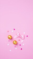 Fototapeta premium Chocolates wrapped in gold foil surrounded by pink and white heart-shaped confetti and a pink bow. Perfect for Valentine's Day celebrations.