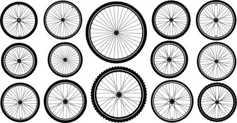 Set of bike wheel silhouettes, bicycle tire icons, mountain bike rim collection, cycling gear symbols, bike spare parts isolated on white