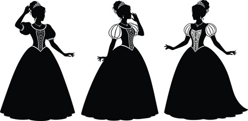 Set of beautiful princess silhouettes wearing elegant ball gowns and tiaras isolated on white background cad drawing flat vector illustration for design © Farzana