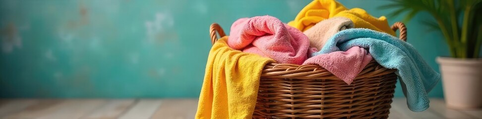 Overstuffed woven laundry basket overflowing with colorful clothes and towels, ready for washing  A rustic, homey scene depicting a full laundry load , basket full, house