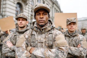 Fototapeta premium Soldiers in uniform standing together during a military event with signs in their hands