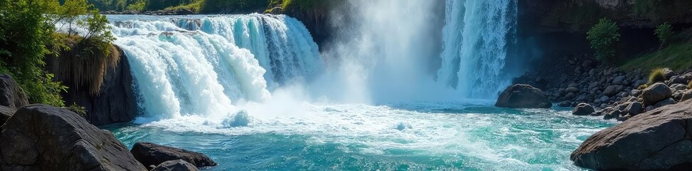 Powerful waterfall cascading over rocks, creating a mesmerizing spray of splashing water The vibrant scene showcases nature's raw power and beauty , untouched, energy