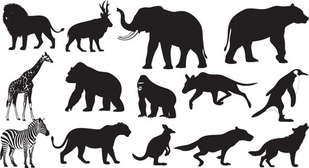 Fototapeta premium Black silhouettes of various wild animals on white background lion deer elephant bear giraffe
