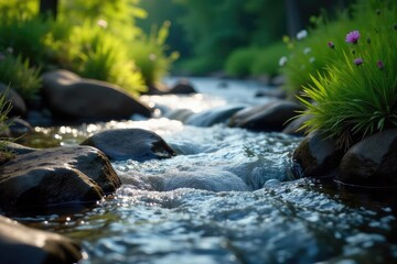 Romantic scene of two gently flowing streams merging together, symbolizing unity and togetherness Perfect for concepts of love, partnership, and connection , confluence, merging, duo