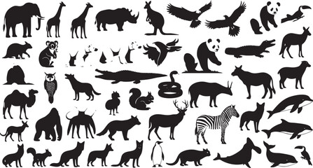 Black silhouettes of various wild animals on white background
