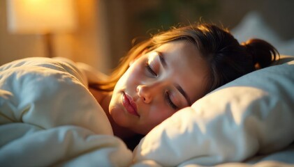 Serene close-up of a head resting gently on a soft, plush pillow, bathed in soft, warm light Perfect for themes of sleep, comfort, and relaxation, promoting tranquility and well-being , light, soft