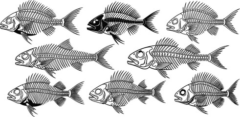 Set of detailed fish skeleton illustrations, cad drawing flat vector illustration, black and white aquatic bone anatomy icons, isolated nautical fossil elements. © Farzana